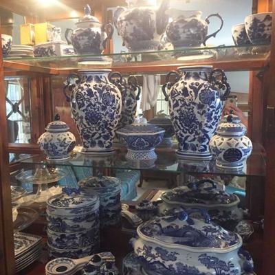 Blue and white tea service, large tureen, ginger jars, bowls, and vases