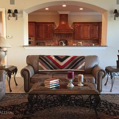 Leather Sofa, Chairs and Ottoman with Brass Tack Detailing