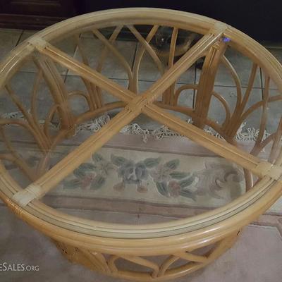 WNT006 Vintage Rattan Coffee Table with Glass Top
