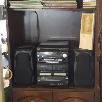 WNT016 Vintage Stereo, Books, Wood Cabinet, CDs, Cassettes & More
