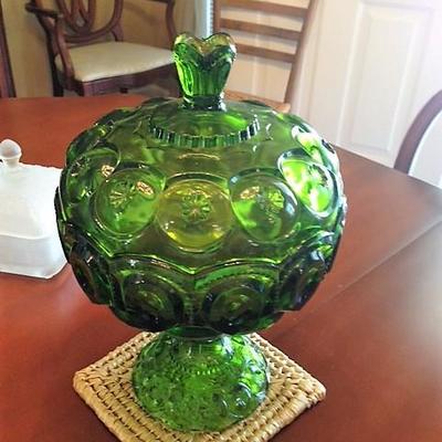 Green Glass Covered Pedestal Bowl