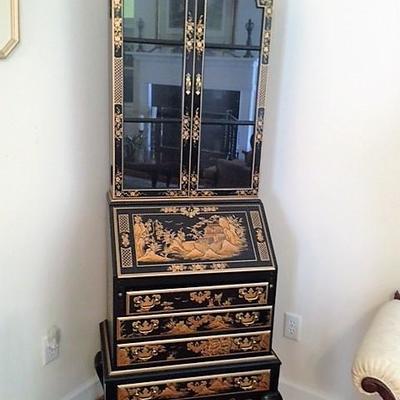 Black Lacquered Oriental Secretary Bookcase