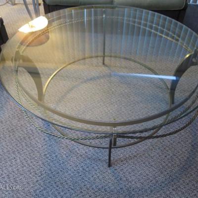 Swaim Furniture. Brass & Glass Round Coffee / Cocktail Table With Rope Detail. 44'' Diameter x 17 1/2'' H