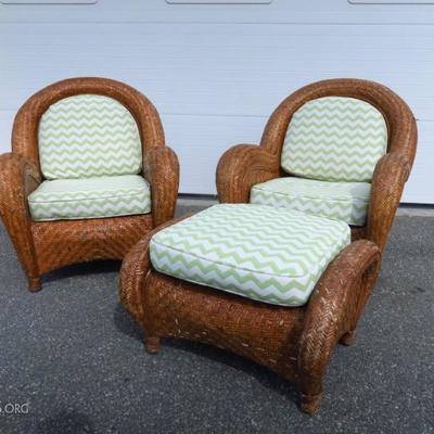 Pottery Barn rattan chairs and ottoman ( custom cushions)