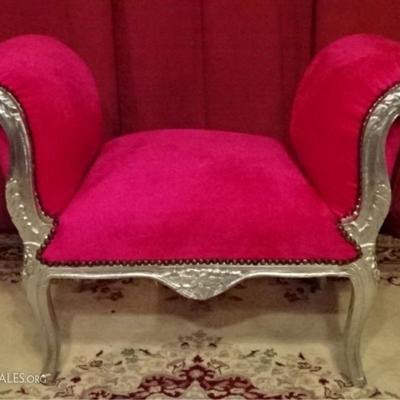 SILVER GILT ROCOCO BENCH IN HOT PINK VELVET