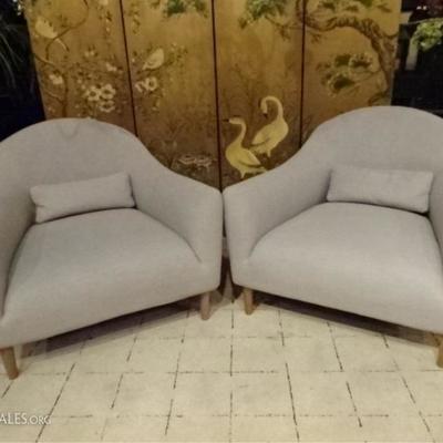 PAIR CRATE & BARREL PENNIE ARM CHAIRS, WITH BOLSTER PILLOWS, VERY GOOD GENTLY USED CONDITION