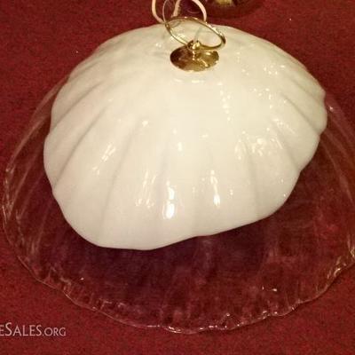 MAZZEGA MURANO GLASS PENDANT LIGHT, WHITE AND CLEAR GLASS DOME SHADE, BRASS BASE, VERY GOOD VINTAGE 