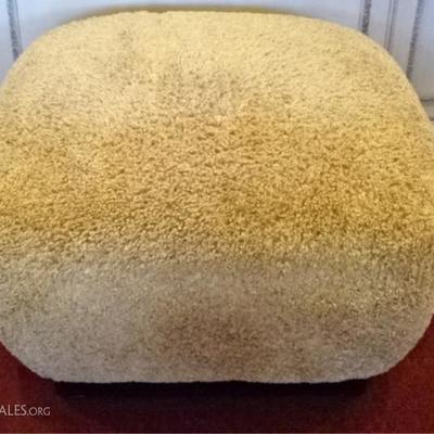 LARGE MARGE CARSON OTTOMAN / POUF, PALE BEIGE TEXTURED UPHOLSTERY, ESPRESSO FINISH WOOD LEG AND BASE