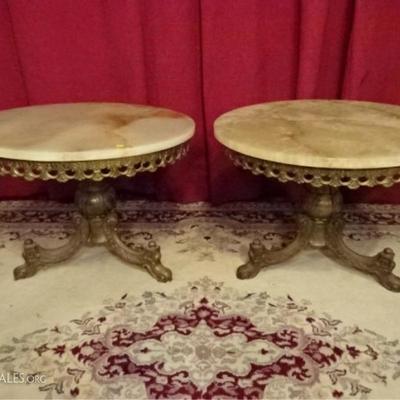 PAIR ONYX AND BRASS TABLES, MID CENTURY, HOLLYWOOD REGENCY STYLE, ONYX TOPS CAN BE REMOVED 