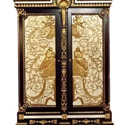 ROCOCO CABINET, 2 DOORS, BLACK, IVORY, AND GOLD FINISH, INTERIOR WOOD SHELVES, VERY GOOD CONDITION
