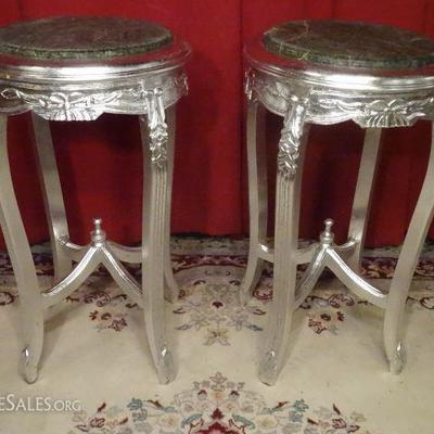PAIR ROCOCO SILVER GILT PEDESTALS WITH MARBLE TOPS