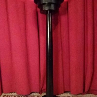 VINTAGE ART DECO INSPIRED TORCHIERE WITH 3 TIER WOOD SHADE AND BASE, BLACK FINISH