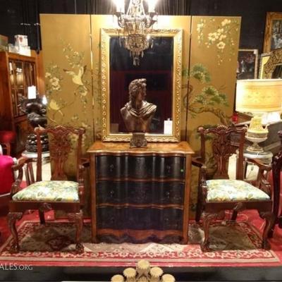 SEVEN SEAS BY HOOKER 3 DRAWER CHEST, PAINTED CHINOISERIE DESIGNS, BRASS PULLS, VERY GOOD CONDITION