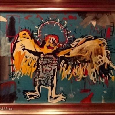 AFTER JEAN MICHEL BASQUIAT, OIL ON CANVAS REPRODUCTION OF "FALLEN ANGEL", EXCELLENT CONDITION