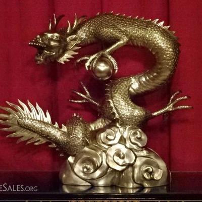 HUGE BRONZE CHINESE DRAGON SCULPTURE, SILVER PATINA, PLUMBED FOR OPTIONAL USE AS FOUNTAIN