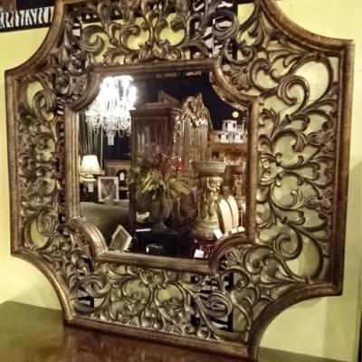 LARGE ORNATE GOLD FRAME MIRROR, 56