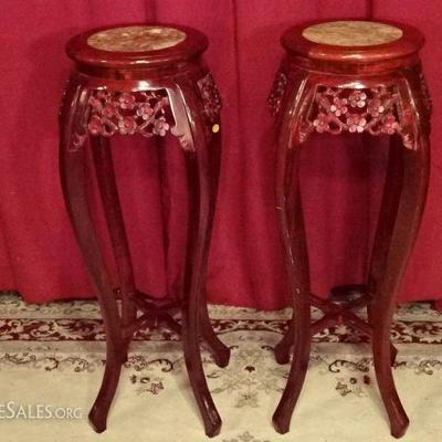 PAIR CHINESE CARVED WOOD PEDESTALS WITH MARBLE TOPS