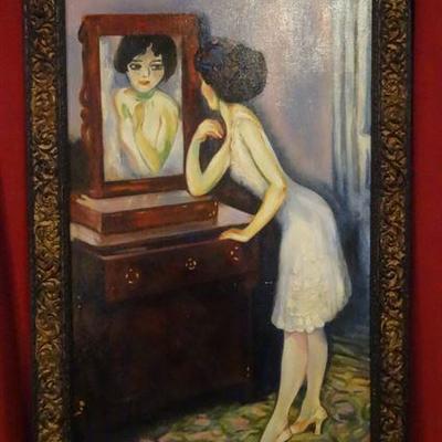 LARGE AFTER KEES VAN DONGEN OIL ON CANVAS PAINTING, GIRL BEFORE A MIRROR, EXCELLENT CONDITION, FRAME