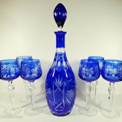 7 PC COBALT CUT TO CLEAR CRYSTAL DECANTER AND WINE GLASSES