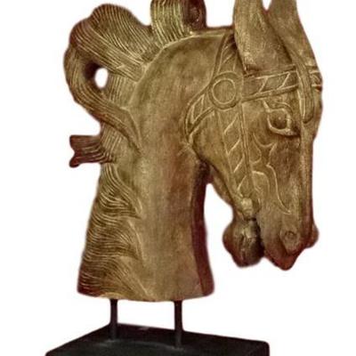 LARGE CARVED WOOD HORSE HEAD SCULPTURE, ON WOOD STAND, VERY GOOD CONDITION, 25"H X 16"W X 9"D