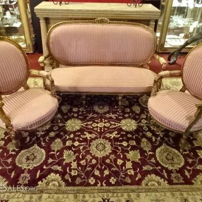 3 PC ANTIQUE LOUIS XVI STYLE PARLOR SET WITH SOFA AND 2 ARMCHAIRS, GILT WOOD FRAMES WITH OVAL BACKS