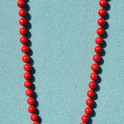 14K 8mm Red Sea Coral Gems Round Bead Necklace 18'