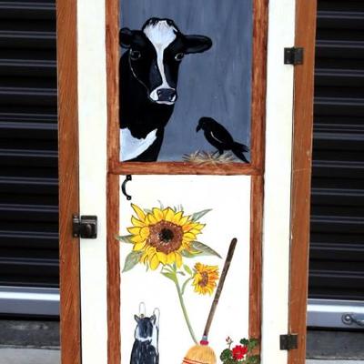 Barn Door Cabinet with Hand Painting of Cow & Cat