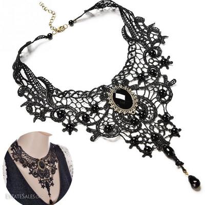 Vintage Black Flower Necklace Lace Beads