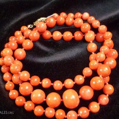 Rare large bead orangy red Mediterranean coral necklace.  Gorgeous!  One of several available this weekend
