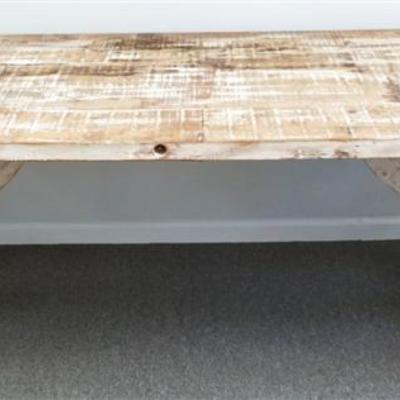 Lot 188 - This beautiful farmhouse dining table features a natural distressed painted white wood top made from reclaimed pine and a...