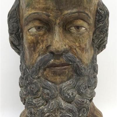 A Large Antique Carved and Polychrome Wood Head, Spanish-Colonial Bust of San Pablo. Carved form a solid piece of Molave Hardwood,...
