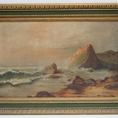 Lot 202 - Antique Coastal Seascape Oil on Canvas signed H. Gibson. Circa 1900, old repair patch to back. On gilt wood and green painted...