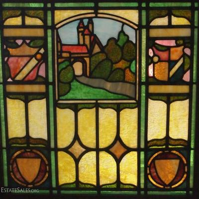 Lot 117- Antique American Arts & Craft Era Stained Glass Window circa 1910 from a Merchant's Home in Detroit Michigan. Scenic castle...