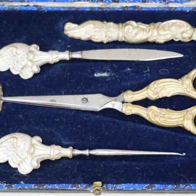 Lot 86- Antique 19th century French Figural Swan Vermeil Etui Sewing Kit. Five piece set in a blue velvet lined black leather fitted case...