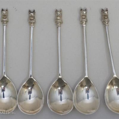 Lot 124 - Five (5) unusual Antique English Solid Sterling Silver German Shepherd Demitasse Spoons. Made in London in the year 1907 by...