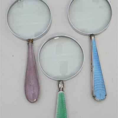 Group of 3 Vintage Art Deco Guilloche and Silver Magnifying Glasses. Green 4