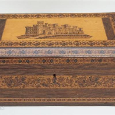 Lot 182 - Antique 19th c. English Tunbridge Rosewood Tea Caddy. With three bands of floral decoration, and center scene of Castle....
