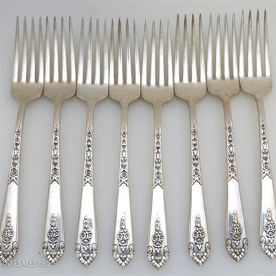 Eight Royal Crest Sterling Promise Dinner Forks. Each Fork measures 7/1/8