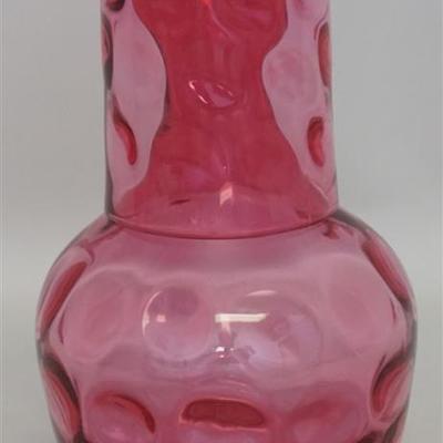 ca. 1880s Hobbs Brockunier medium tint, hand blown Cranberry tumble up set, in the Hobbs Inverted Thumbprint pattern. Please note the 4...