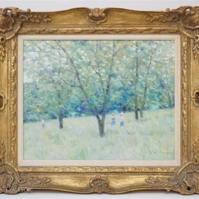 Lot 146 - Andre Gisson (American 1921-2003) Original Oil on Canvas Impressionist Summer Landscape with Figures. Signed 