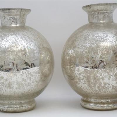 Lot 313 - Two matching Hand Blown Glass Vases. Each with a mercury finish and hand-etched design.