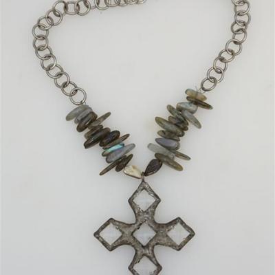 Lot 316 - Custom Made Jamie Dietrich Cross Necklace. Leaded Glass Cross with quartz and abalone on silver chain. Cross is 3