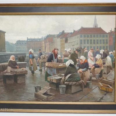 â€œThe Fish Marketâ€ attributed to Soren C. Bjulf, Danish, 1890-1948. Oil on Canvas. Signed. In frame 43.75x34x1.75 image 37 x 27