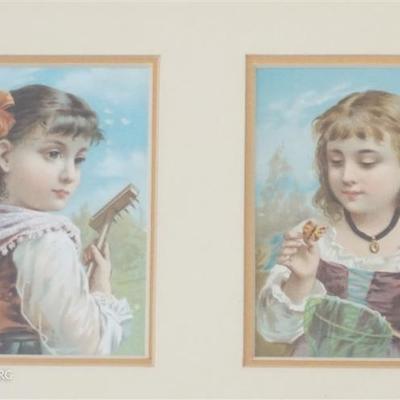 Lot 15 - Two framed double Victorian Chromolithographs all of young girls. Both are professionally framed and double matted in matching...