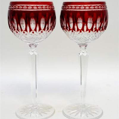 Lot 151 - Matched Pair of Elegant Waterford ruby cut to clear 8 inch Clarendon Wine Hocks. Both are signed with the etched Waterford logo...
