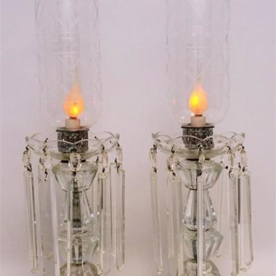 Lot 222 - A matched pair of Vintage 1930-40s Crystal Candelabra Lamps with Etched Hurricane Shades And long crystal prisms. With shades...