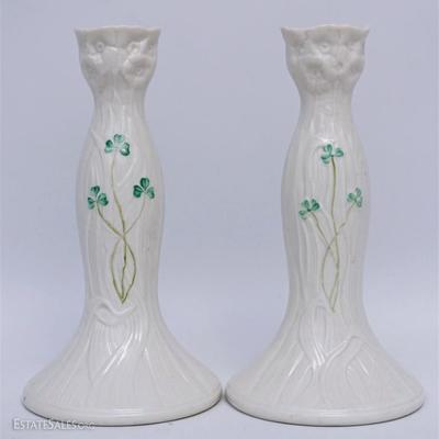 Lot 74 -Pair of Irish Belleek Shamrock Millennium 2000 Candlesticks. Limited edition in the classic cream color art nouveau style with...