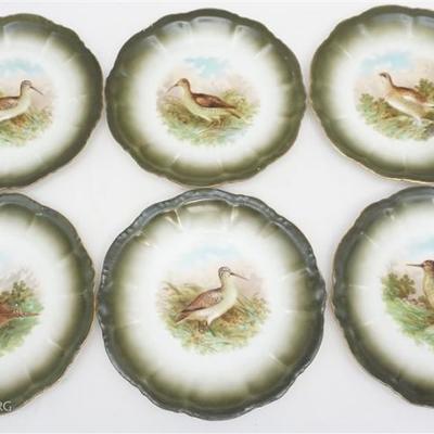 Set of Six Victorian Porcelain Moschendorf, Germany Game Bird Dessert / Luncheon Plates. With the Green Backstamp used from 1894 to 1910....