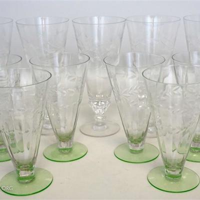 Lot 323 - Six Vintage Tiffin Elegant Etched Paneled Water Glasses, Vaseline Footed each 5.75