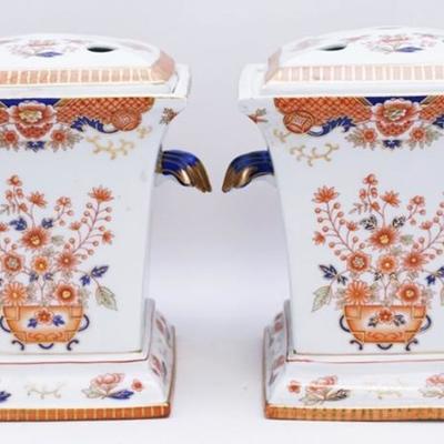 Lot 150 - Vintage Matched Pair of large Mottahedeh Square Imari Style Bough Pots with Flower Frog. Classic Imari colors in a Oriental...